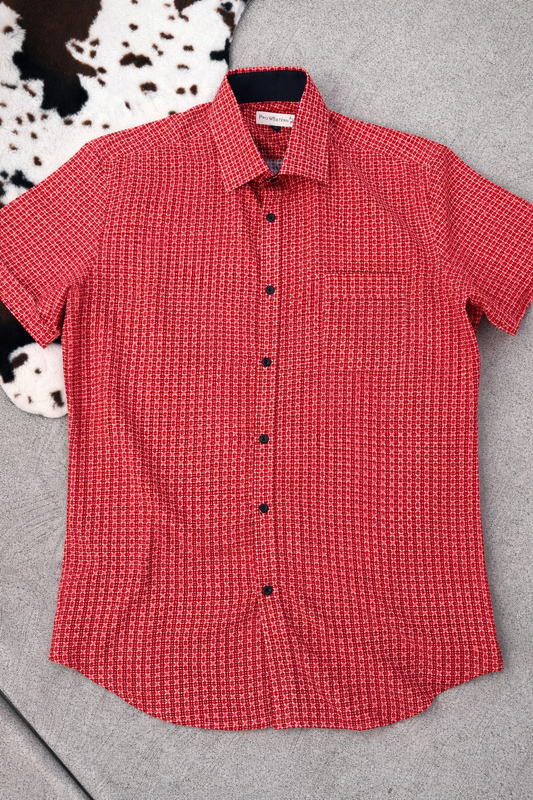 Men's Short Sleeve Red-Orange Geo Print Shirt