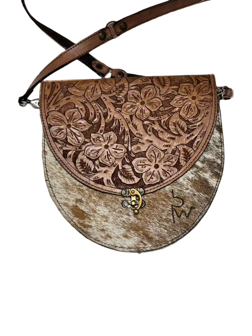 HANDMADE Genuine Cowhide Half-Moon Tooled Crossbody Bag