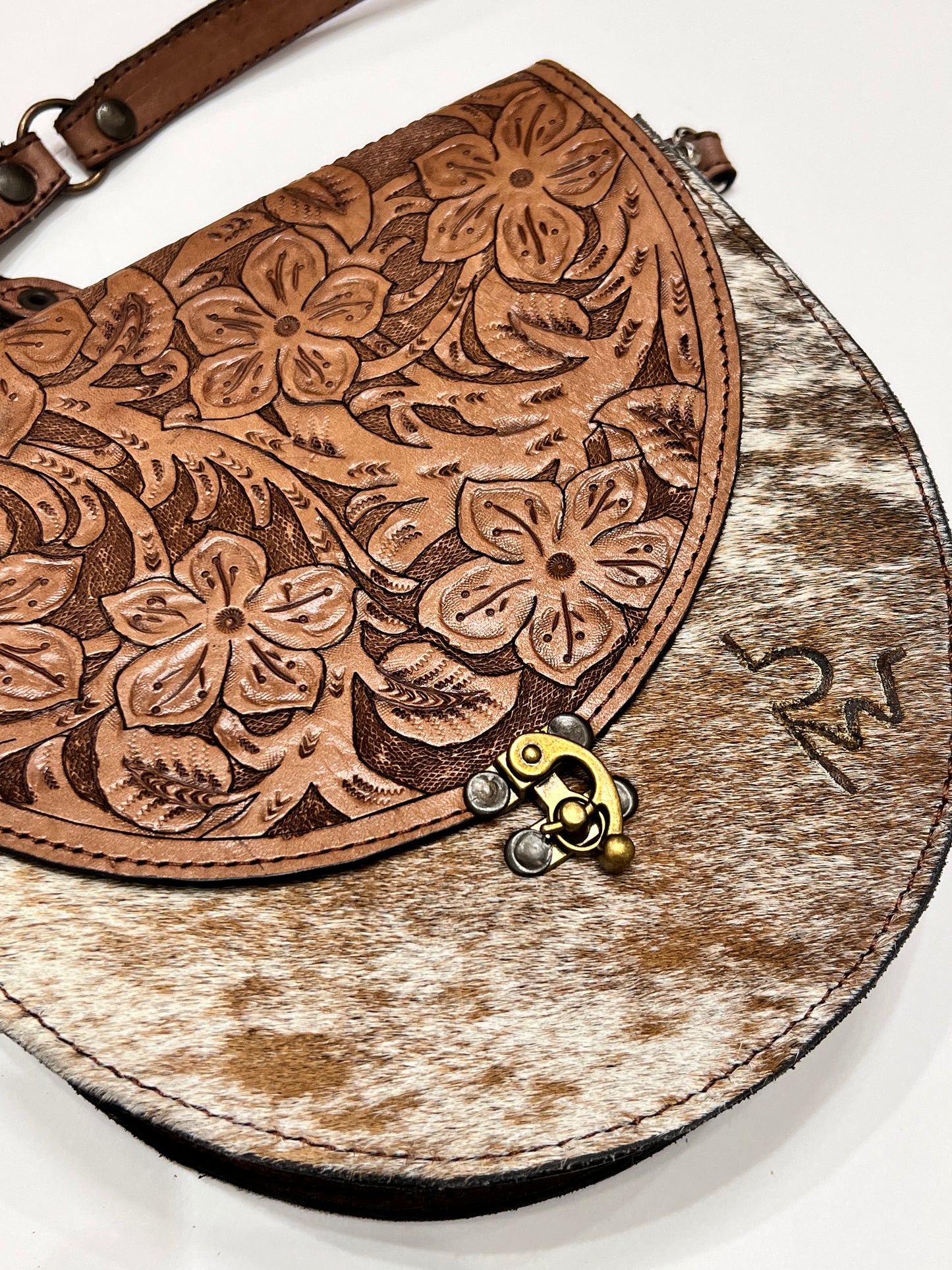 HANDMADE Genuine Cowhide Half-Moon Tooled Crossbody Bag