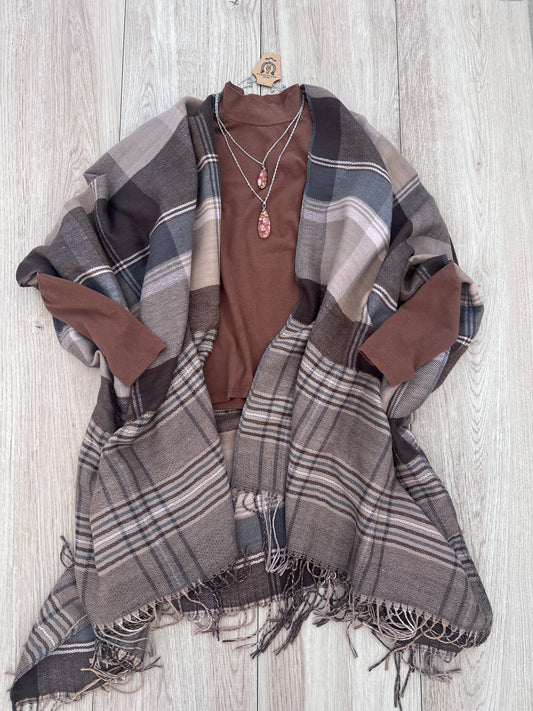 Plaid Fringe Poncho